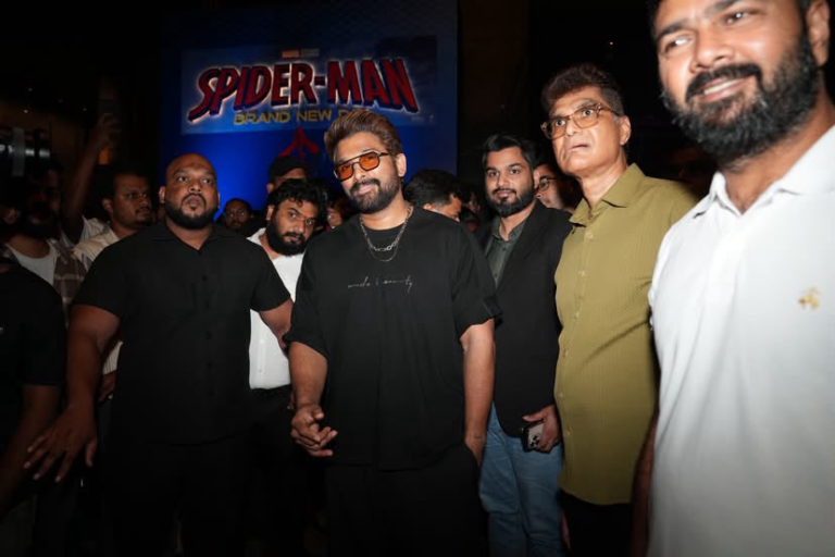 Pushpa Actor Attends Grand Premiere of Spider-man Brand New Day in Hyderabad With Kids